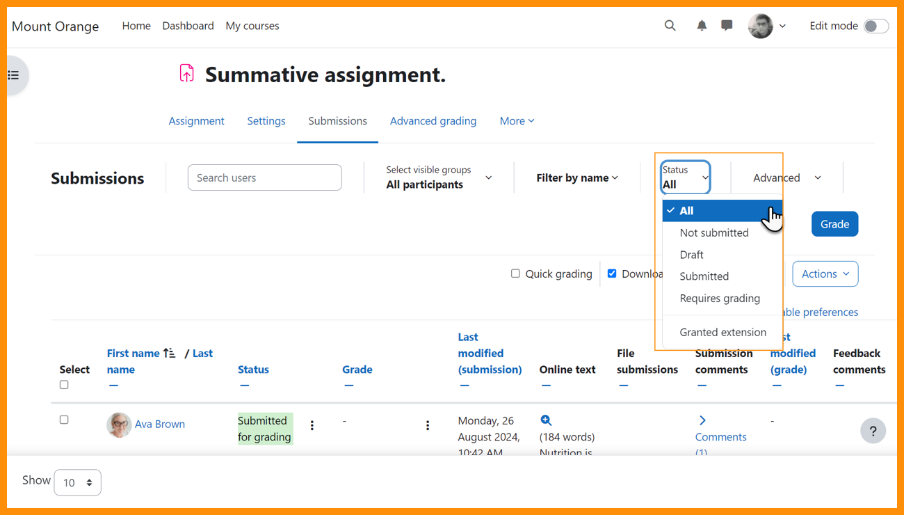 Actions at the top right